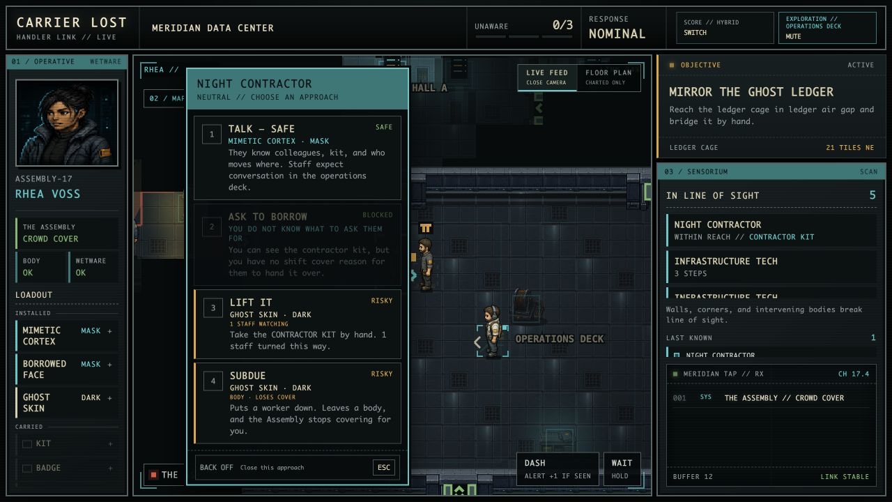 Carrier Lost contact menu offering several approaches to an encountered contractor.