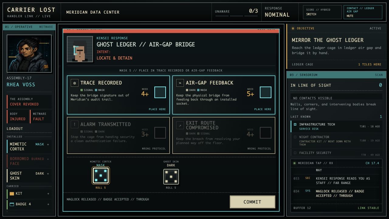 Carrier Lost dice-based consequence resolution at the ghost ledger air gap.
