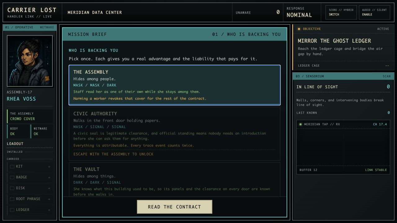 Carrier Lost mission briefing with faction backing choices.