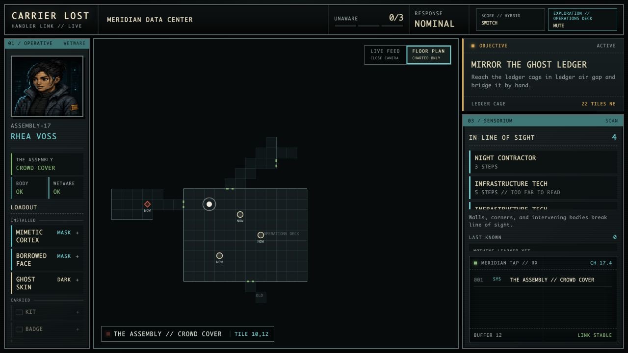 Carrier Lost charted floor plan showing only rooms, doors, and contacts Rhea has learned.