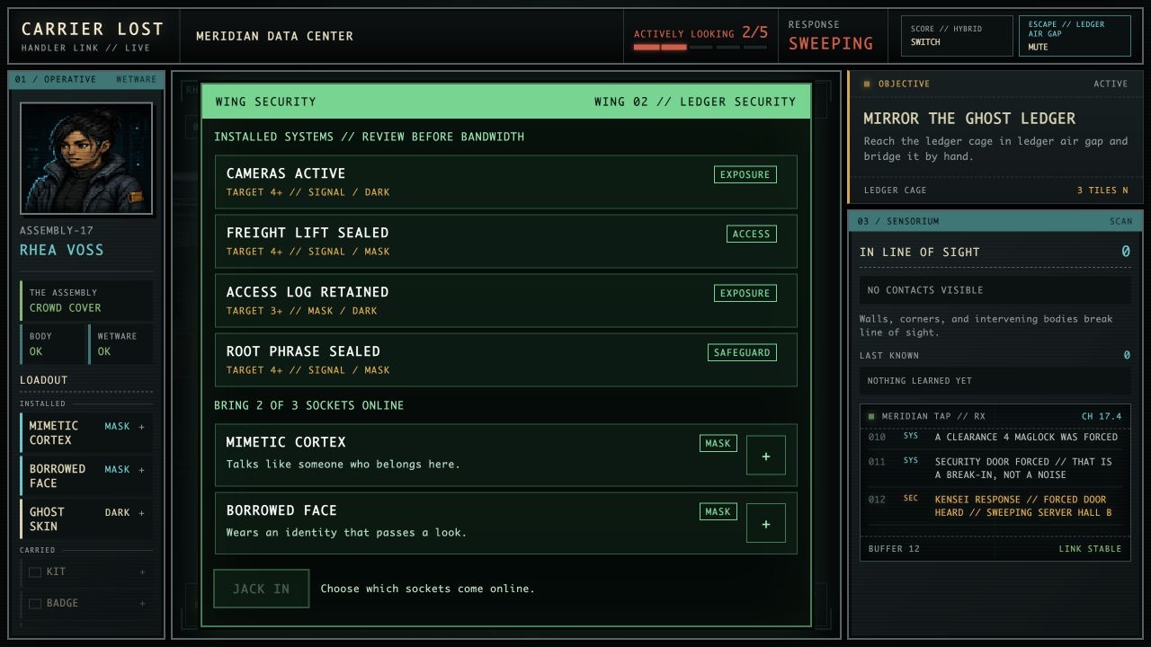 Carrier Lost Wing Security terminal reviewing installed camera, freight-lift, access-log, and root-phrase controls before choosing two of three wetware sockets.