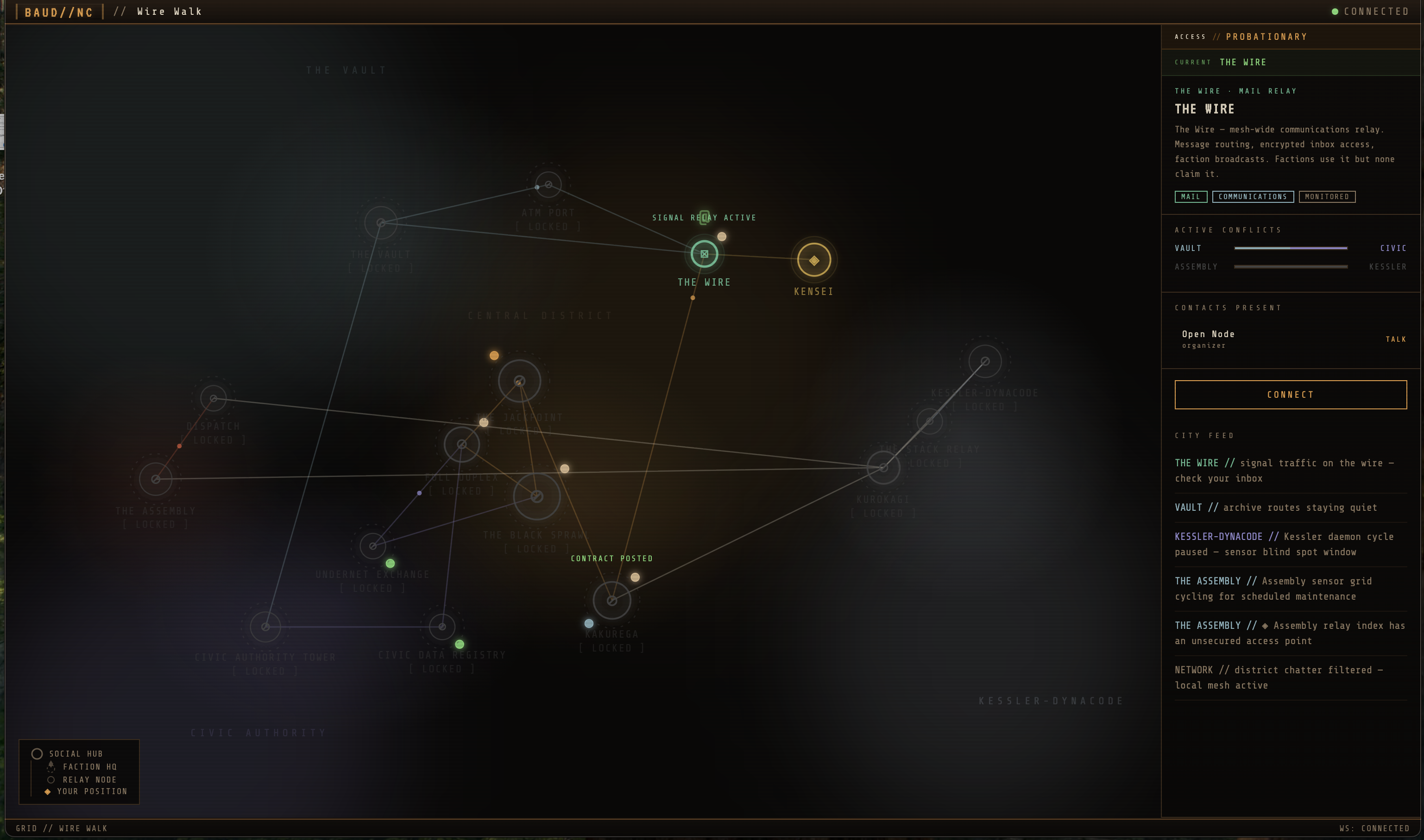 BAUD: NO CARRIER — overworld network map showing territorial grid, faction zones, and intel panel